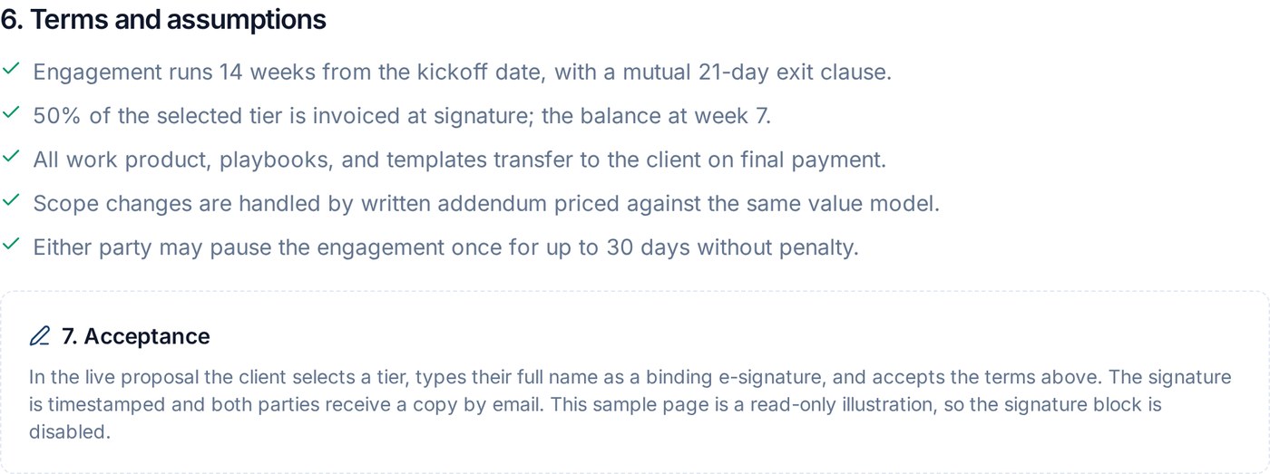 PropelQuote proposal acceptance section with terms, payment schedule, and typed e-signature block